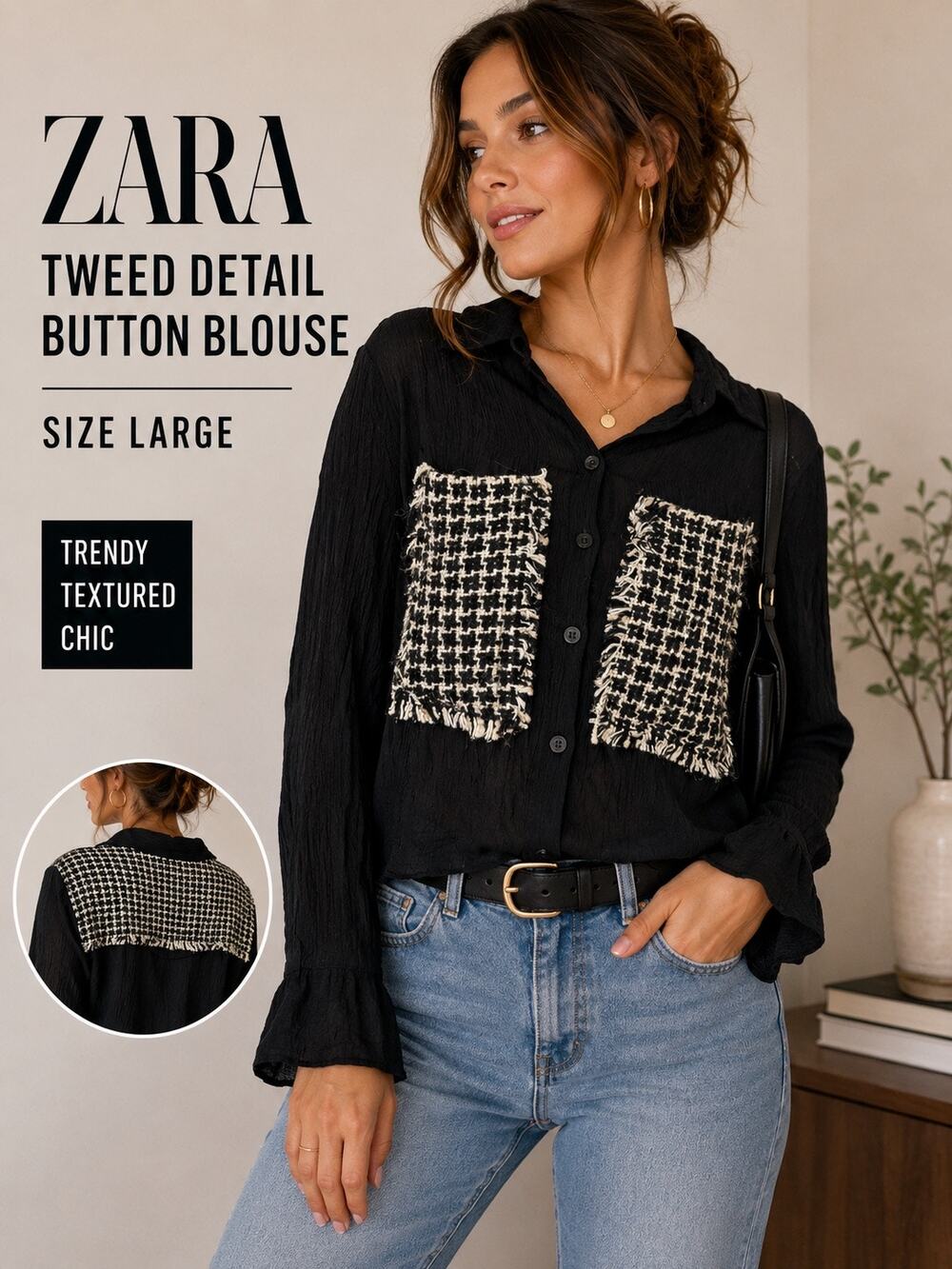Zara Black Tweed Pocket Detail Textured Blouse Large